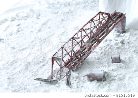 A diorama landscape of a railway bridge that collapsed due to a disaster and restoration A diorama landscape of a railway bridge that collapsed due to a disaster and restoration 81513519