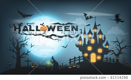 Happy Halloween background with pumpkin ghost, Haunted house with full moon and The witch was casting magic spells and made poison. Template for Halloween party. Vector illustration Happy Halloween background with pumpkin ghost, Haunted house with full moon and The witch was casting magic spells and made poison. Template for Halloween party. Vector illustration 81514298