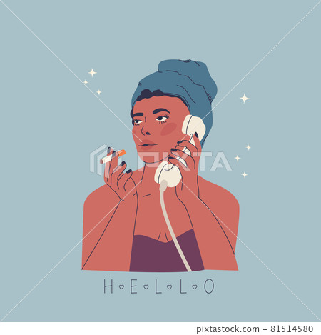 Portrait of beautiful young woman. Girl smokes and talks on the phone. Fashion hand drawing vector illustration. Retro style. 81514580