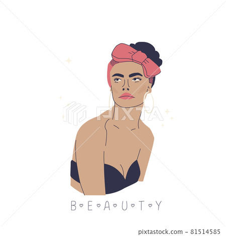 Portrait of beautiful young woman in headdress. Fashion hand drawing vector illustration. Retro style. Portrait of beautiful young woman in headdress. Fashion hand drawing vector illustration. Retro style. 81514585