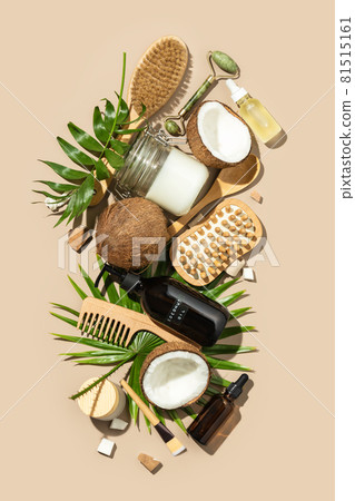 Spa coconut products flat lay, face, body and hair organic treatment concept 81515161