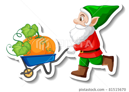 A sticker template with garden gnome and pumpkin in wheelbarrow A sticker template with garden gnome and pumpkin in wheelbarrow 81515670