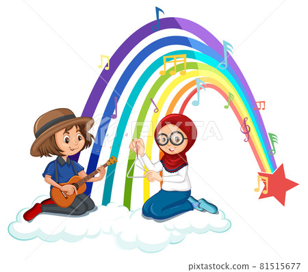 Two kids playing guitar and maracas with rainbow Two kids playing guitar and maracas with rainbow 81515677
