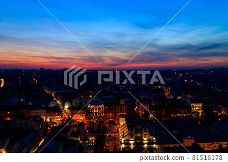 Aerial night view of the old town of Lviv in Ukraine. Lvov cityscape. View from tower of Lviv town hall 81516178