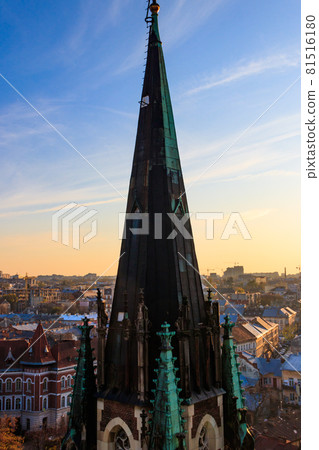 View of Lviv city from bell tower of Church of Sts. Olha and Elizabeth. Lvov cityscape, Ukraine 81516180