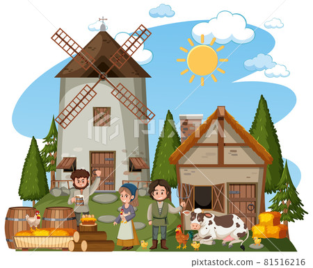 Medieval town with windmill and villagers Medieval town with windmill and villagers 81516216