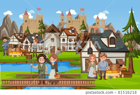 Medieval town scene with villagers 81516218