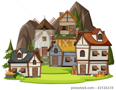 Medieval village scene on white background Medieval village scene on white background 81516219