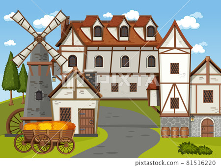 Medieval village scene with windmill and houses Medieval village scene with windmill and houses 81516220