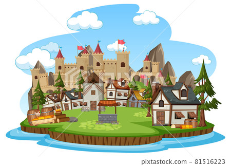Medieval village scene on white background Medieval village scene on white background 81516223