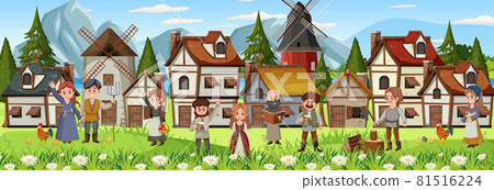 Medieval town scene with villagers Medieval town scene with villagers 81516224