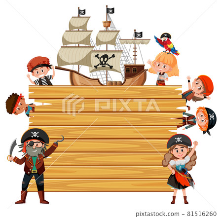 Empty wooden board with many pirate kids cartoon character Empty wooden board with many pirate kids cartoon character 81516260