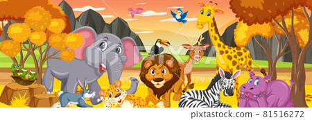 Forest panorama at sunset time scene with... - Stock Illustration ...