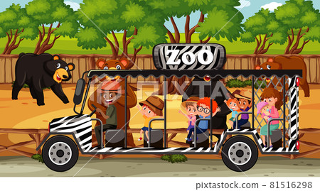 Safari scene with many bears and kids on tourist car Safari scene with many bears and kids on tourist car 81516298