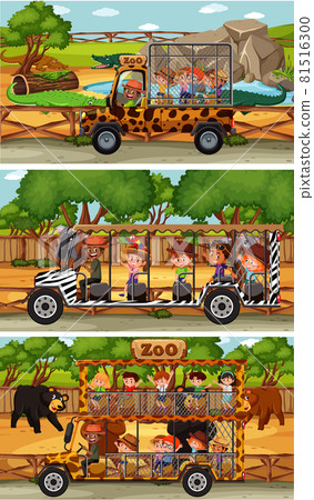Set of different safari horizontal scenes with animals and kids cartoon character Set of different safari horizontal scenes with animals and kids cartoon character 81516300