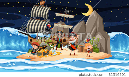 Treasure Island scene at night with Pirate kids Treasure Island scene at night with Pirate kids 81516301