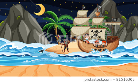 Beach at night scene with pirate kids cartoon character on the ship Beach at night scene with pirate kids cartoon character on the ship 81516303