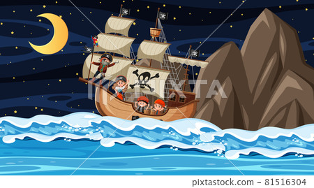 Ocean with Pirate ship at night scene in cartoon style Ocean with Pirate ship at night scene in cartoon style 81516304