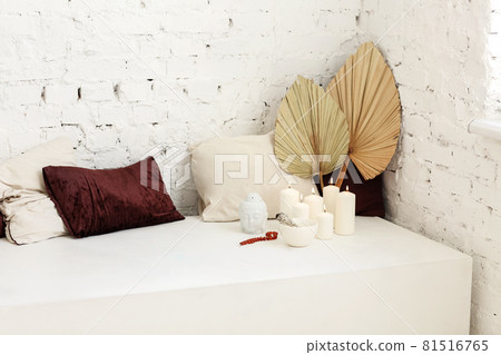 Various decoration and pillows on bench Various decoration and pillows on bench 81516765