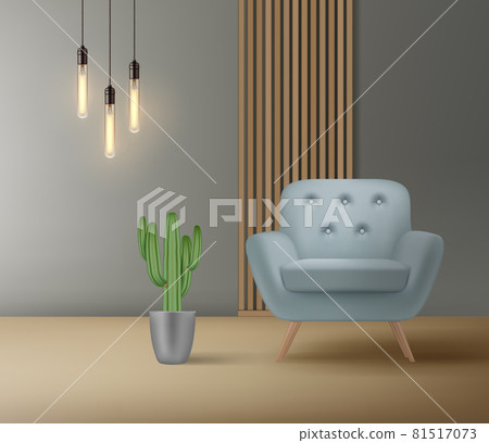 Modern chair in room. Luxury minimalist interior decoration cozy armchair empty seating place object for living room decent vector realistic background 81517073