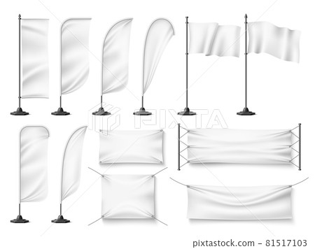 Flags and banners mockup. Realistic white textile blank promotional templates on flagstaffs, advertising clean fabric canvases. Vector set Flags and banners mockup. Realistic white textile blank promotional templates on flagstaffs, advertising clean fabric canvases. Vector set 81517103