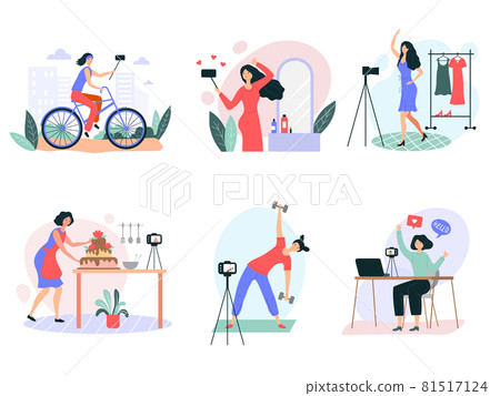 Female blogger. Beauty vlogger recording video on smartphones self production studio recent vector flat characters concept pictures 81517124