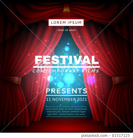 Stage curtain poster. Festival opening banner with realistic red heavy theatrical veils, light effects, cinema movies event. Vector concept 81517125