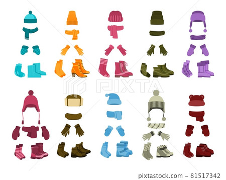 Cartoon winter accessories. Colorful girl warm clothes, isolated kid hat and scarf. Mittens and boots, fashion seasonal outfit recent vector elements Cartoon winter accessories. Colorful girl warm clothes, isolated kid hat and scarf. Mittens and boots, fashion seasonal outfit recent vector elements 81517342