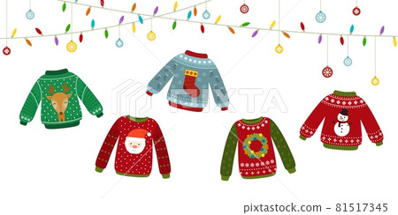 Ugly sweater banner. Celebrating, christmas sweaters and garlands. Happy new year, winter holiday poster. Warm jumper recent vector elements 81517345