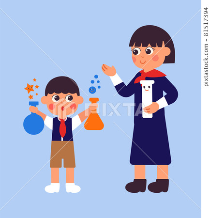 Fun chemistry lesson. Boy holding laboratory tools, science research. Student and teacher, cute cartoon education vector characters 81517394