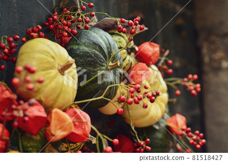 Composition of small pumpkins and zucchini on a vintage door 81518427