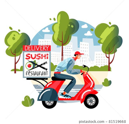 Young man delivering Japanese sushi from restaurant. Happy guy driving in scooter with food from cafe. Asian traditional cuisine vector illustration. Road with trees and buildings Young man delivering Japanese sushi from restaurant. Happy guy driving in scooter with food from cafe. Asian traditional cuisine vector illustration. Road with trees and buildings 81519668
