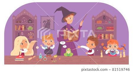 Kids in school of magic at class with professor. Boys and girls with wands in classroom vector illustration. Teacher in hat with book teaching magic. Harry Potter style fantasy world Kids in school of magic at class with professor. Boys and girls with wands in classroom vector illustration. Teacher in hat with book teaching magic. Harry Potter style fantasy world 81519746