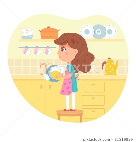 Girl helping wash dishes in kitchen. Kid helps clean plates with soap and sponge at home vector illustration. Girl standing on stool in apron. Modern kitchen interior design Girl helping wash dishes in kitchen. Kid helps clean plates with soap and sponge at home vector illustration. Girl standing on stool in apron. Modern kitchen interior design 81519859