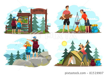 Couple camping illustration set. Man and woman traveling in mountains and forest with backpacks. Tourist outdoor scenes vector. Looking at map, climbing, cooking on fire, sleeping in tent 81519907
