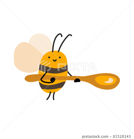 Cute fat little bee with spoon in doodle style. Logo scandinavian baby print in yellow and black colors. Print for coloring book, t shirt, cup, child clothes. cartoon honey insect Cute fat little bee with spoon in doodle style. Logo scandinavian baby print in yellow and black colors. Print for coloring book, t shirt, cup, child clothes. cartoon honey insect 81520143
