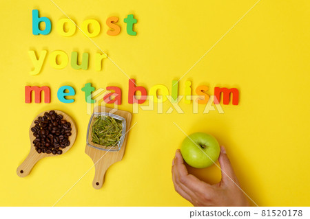 Boost your metabolism eggs, coffee, green tea, apple on a yellow background top view. 81520178