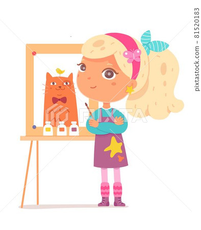 Little girl with artist profession. Cute kid with professional occupation vector illustration. Child as painter with easel and picture of cat, paints and paintbrush on white background Little girl with artist profession. Cute kid with professional occupation vector illustration. Child as painter with easel and picture of cat, paints and paintbrush on white background 81520183