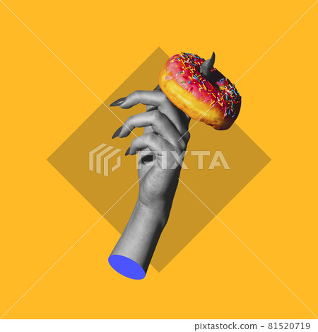 Contemporary modern art collage in pop-art style. Hand with glaze donut isolated on purple background with copyspace for ad, contrast Contemporary modern art collage in pop-art style. Hand with glaze donut isolated on purple background with copyspace for ad, contrast 81520719