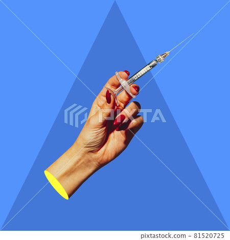 Modern art collage in pop-art style. Female hand with injection syringe isolated on blue background with copyspace for ad, contrast. Complementary colors 81520725