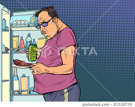 Fat man at the refrigerator. Night hunger. Overweight and health, diet 81520729