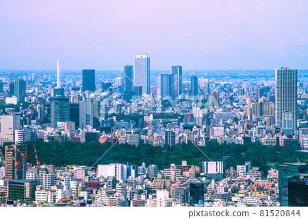 日本東京城市景觀俯瞰池袋和新宿御苑的摩天大樓 81520844