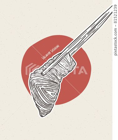 Hand holding salmon sashimi using chopsticks - Raw fresh salmon sliced, Japanese food. Hand draw sketch vector. Hand holding salmon sashimi using chopsticks - Raw fresh salmon sliced, Japanese food. Hand draw sketch vector. 81521239