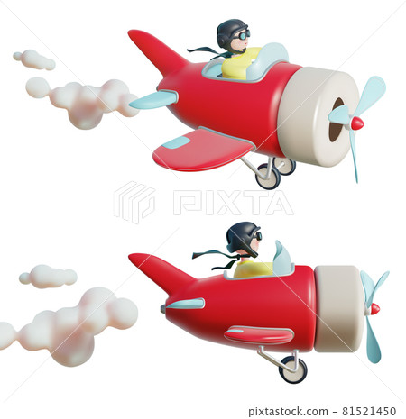 Realistic Detailed 3d Plasticine Different View Pilot Toy Airplane Set. Vector illustration of Little Aviator in Plane for Game 81521450