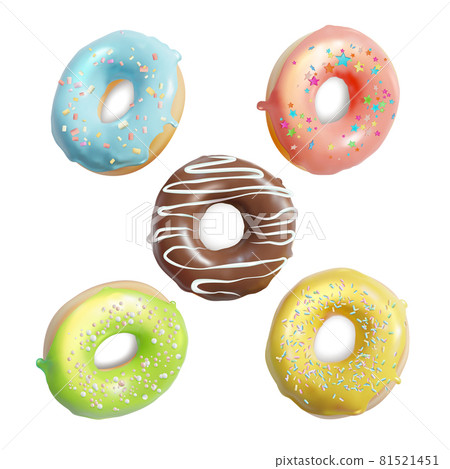 Realistic Detailed 3d Different Glazed Colored Donuts Set Cafeteria or Coffee Shop Food, Snack. Vector illustration of Donut 81521451