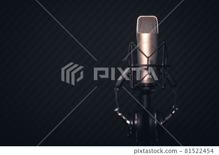 Sound and voice recording studio with nobody. Vintage style microphone and tools for record in room with noise reduction and resonance absorb foam wall in background for good acoustic with copy space 81522454