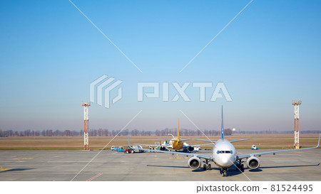 Boryspil, Ukraine - April 1, 2019: Boeing 777-200 in Boryspil International Airport. It is countrys largest airport, serving majority of its passenger air traffic. Boryspil, Ukraine - April 1, 2019: Boeing 777-200 in Boryspil International Airport. It is countrys largest airport, serving majority of its passenger air traffic. 81524495