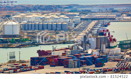 Barcelona, Spain - April 8, 2019: Industrial Port for freight transport and global business. 81524522
