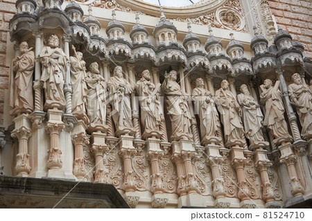 Montserrat, Spain - April 5, 2019: Statues of Santa Maria de Montserrat Abbey in Monistrol de Montserrat, Spain. Montserrat, Spain - April 5, 2019: Statues of Santa Maria de Montserrat Abbey in Monistrol de Montserrat, Spain. 81524710