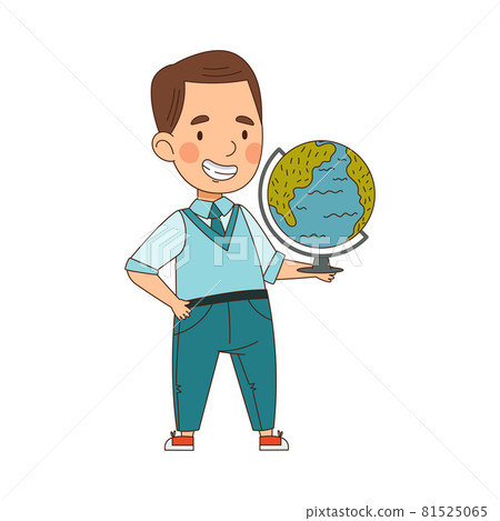 Back to School with Boy in Blue Uniform Standing Holding Globe Studying Geography Vector Illustration Back to School with Boy in Blue Uniform Standing Holding Globe Studying Geography Vector Illustration 81525065